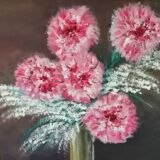 Still life with oil flowers on ancient panel