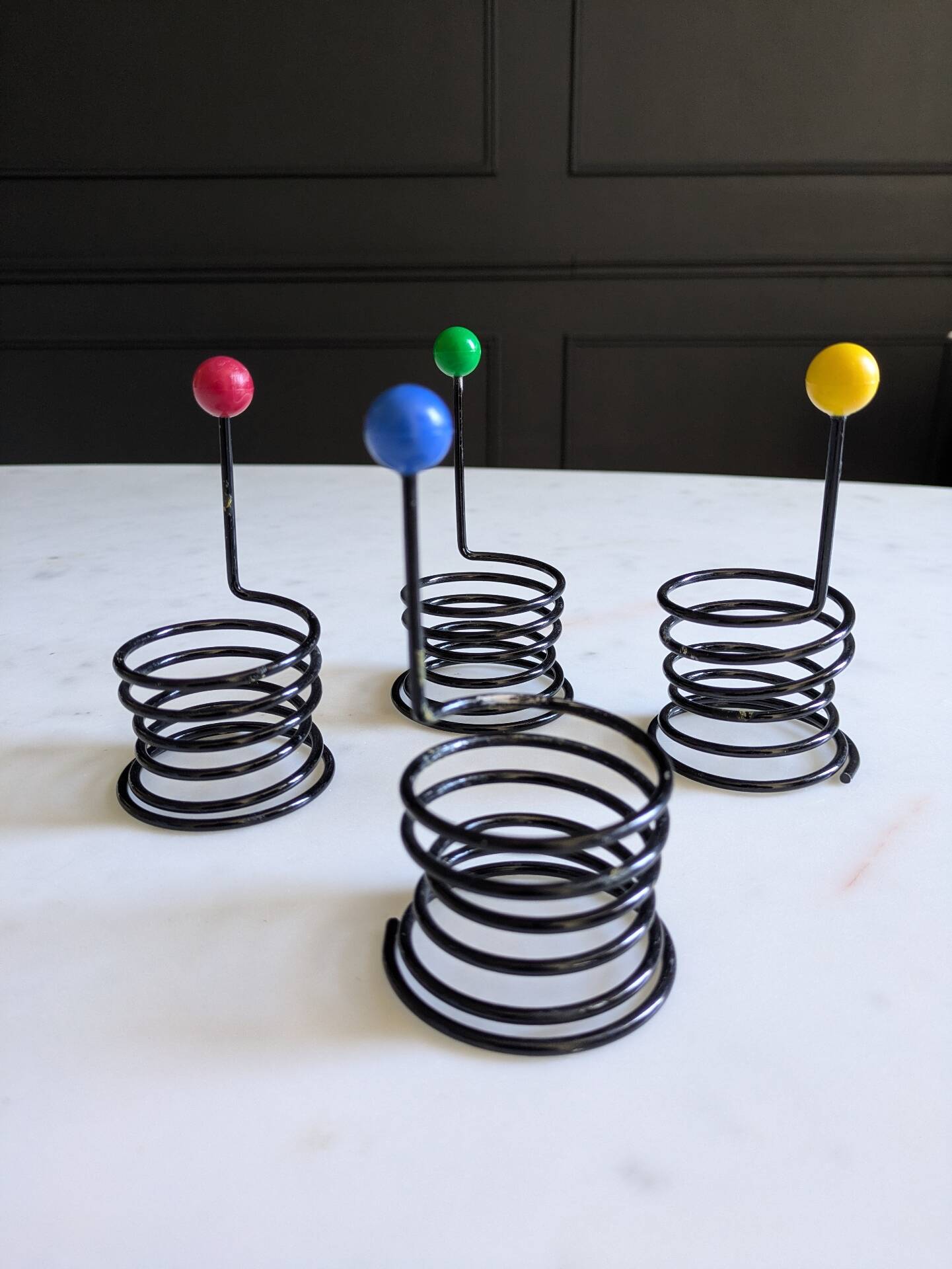 Set of egg cups "Egg Boy" by Wang and Merlo. Memphis design 80s.