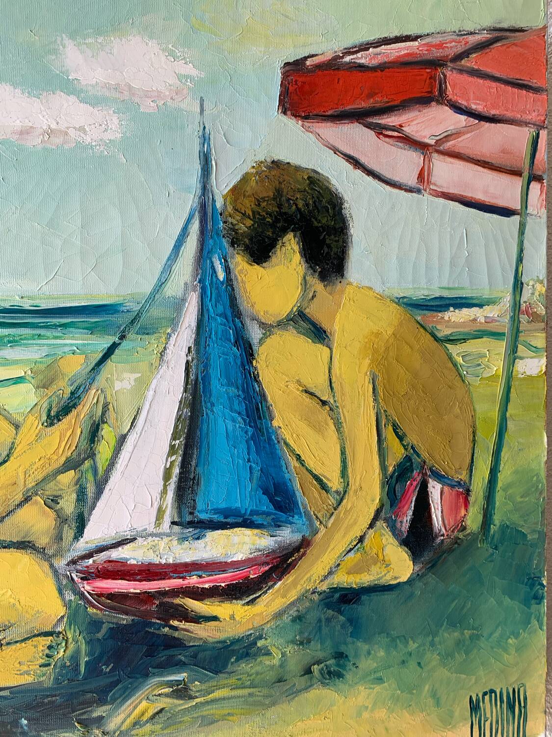 Oil painting on canvas of children at the beach