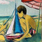 Tableau huile sur toile enfants à la plage