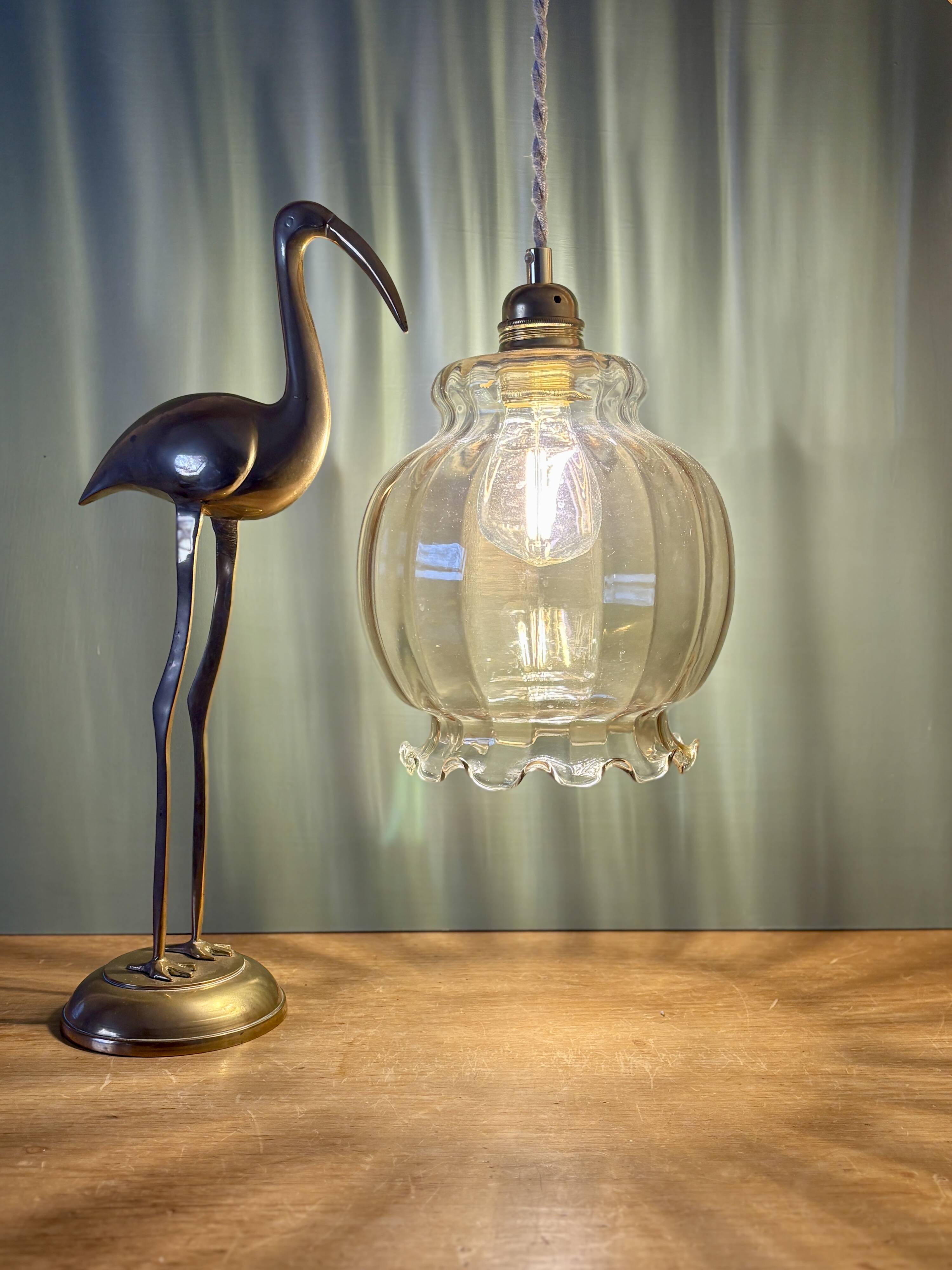 XL vintage globe pendant light in amber glass