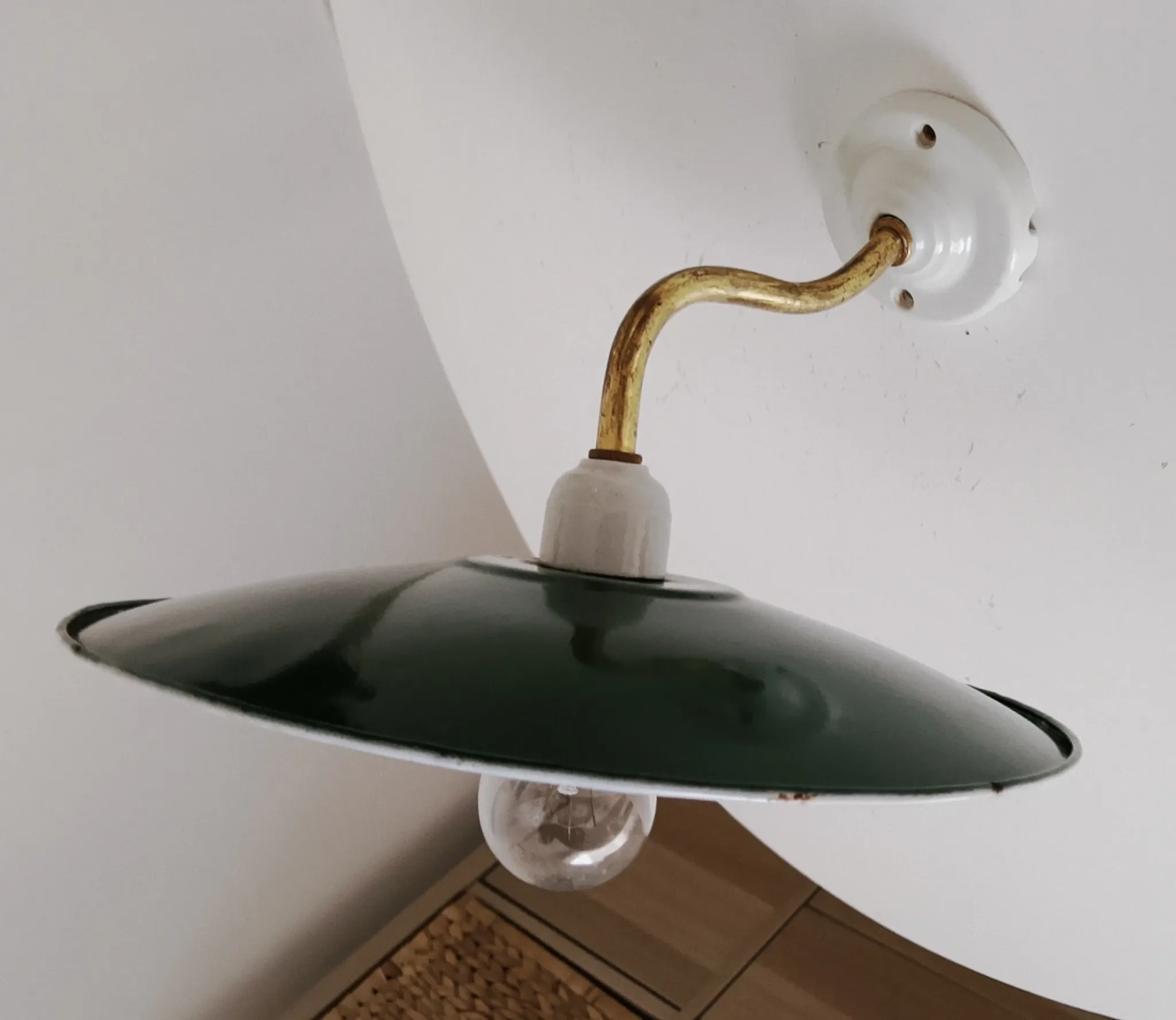 Antique wall light with a swan neck in enamelled metal, porcelain, and brass.