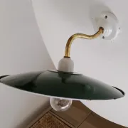 Antique wall light with a swan neck in enamelled metal, porcelain, and brass.