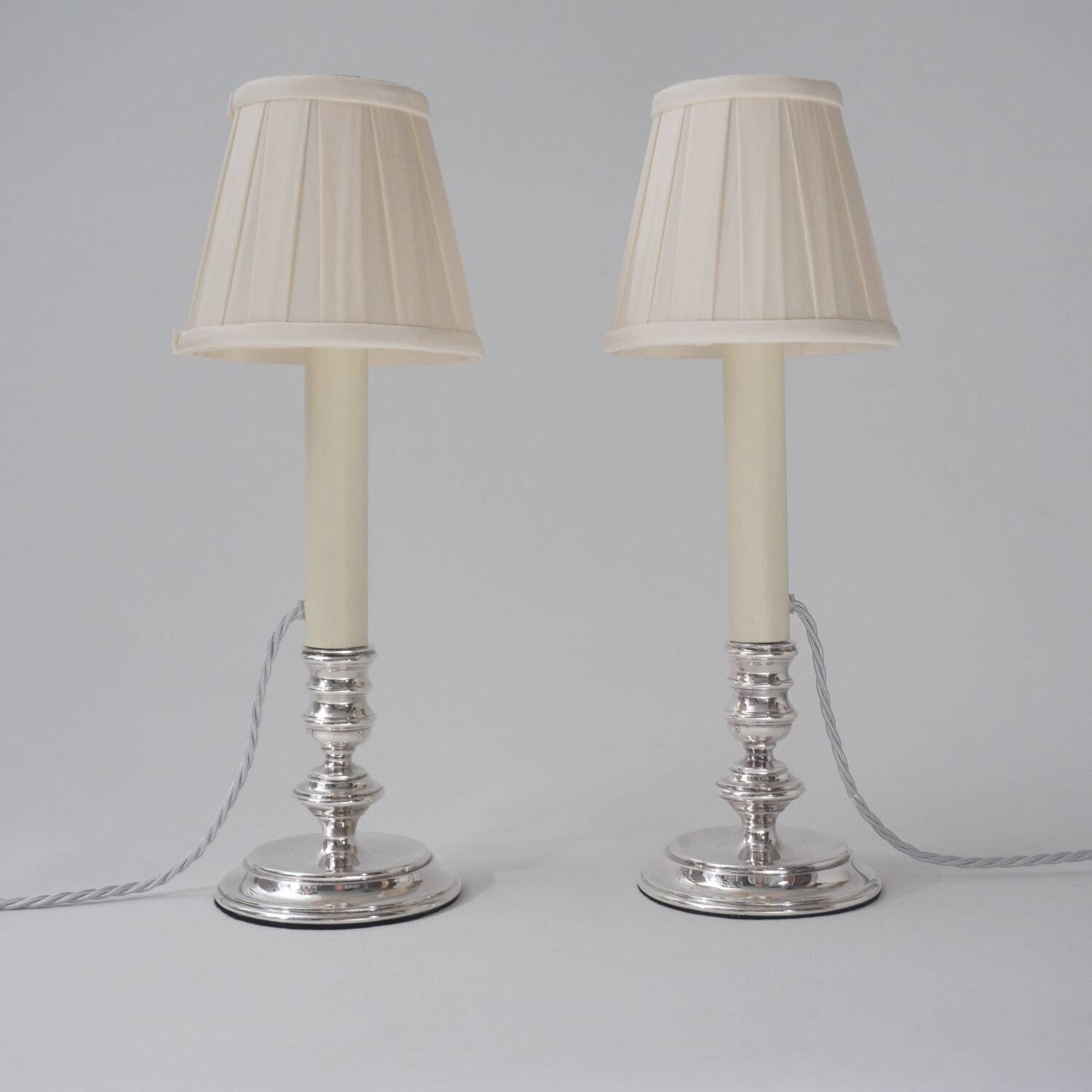 Mappin & Webb vintage pair candlestick table lamps, silver plate, signed, 1980`s ca, English