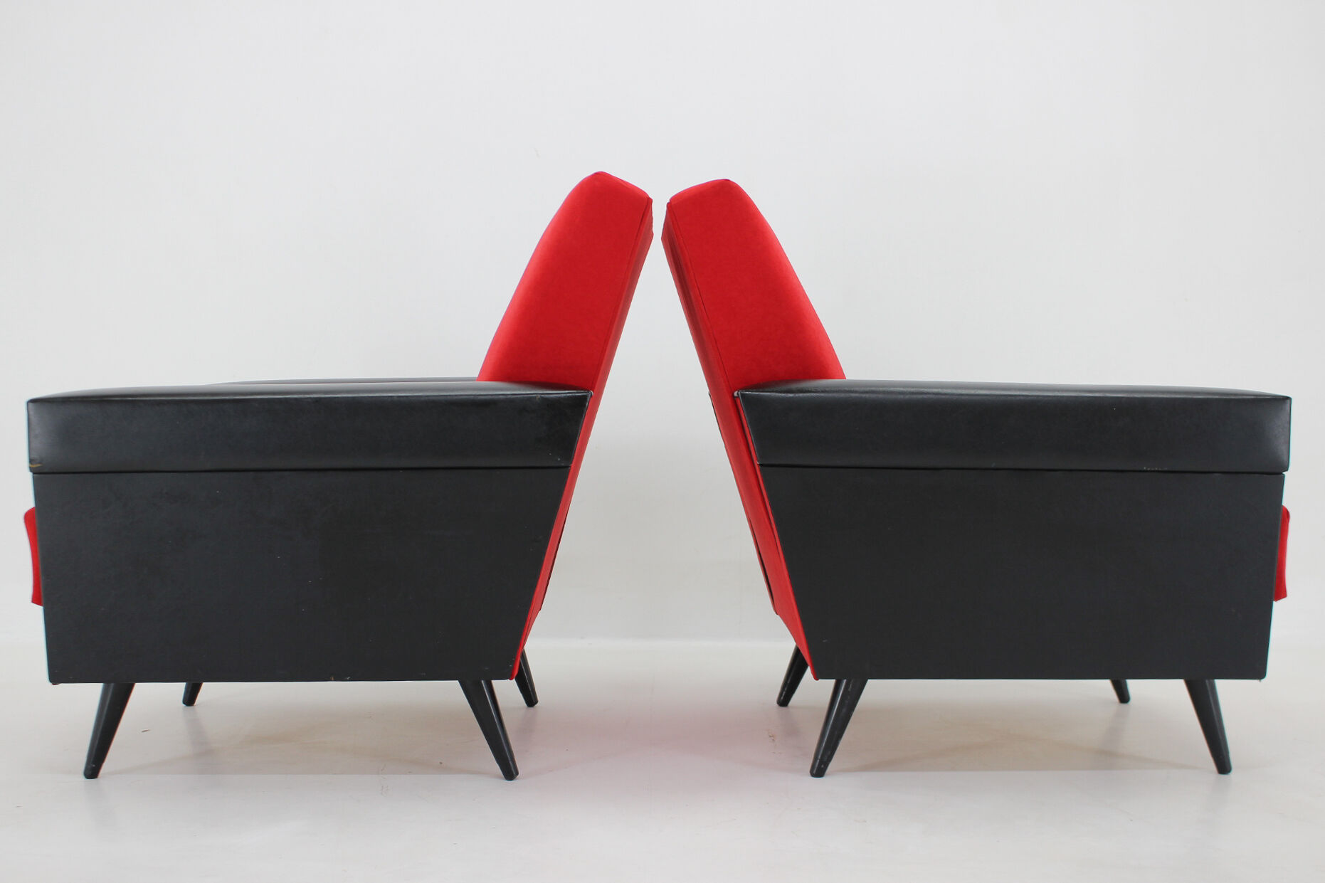 1970's pair of leatherette and red fabric armchairs, Czechoslovakia