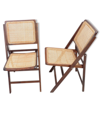 Paire de chaises pliantes en bois et cannage | Selency