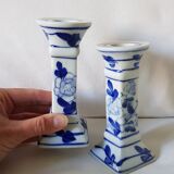 Set of 2 ceramic candle holders in white blue floral pattern
