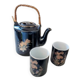 Service à thé noir inspiration chinoise avec une théière et 2 tasses