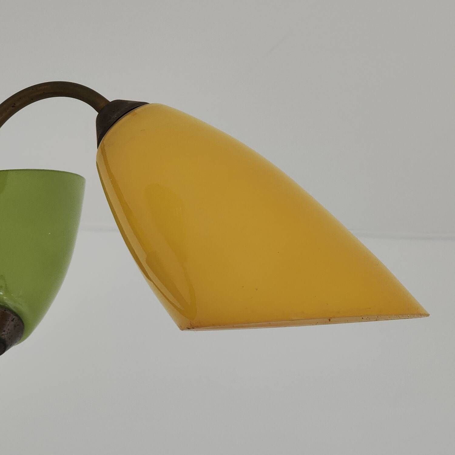 Brass and glass chandelier 4 yellow and green lights from the 60s