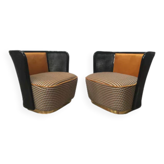 Pair of armchairs in black lacquered wood, canning and velvet