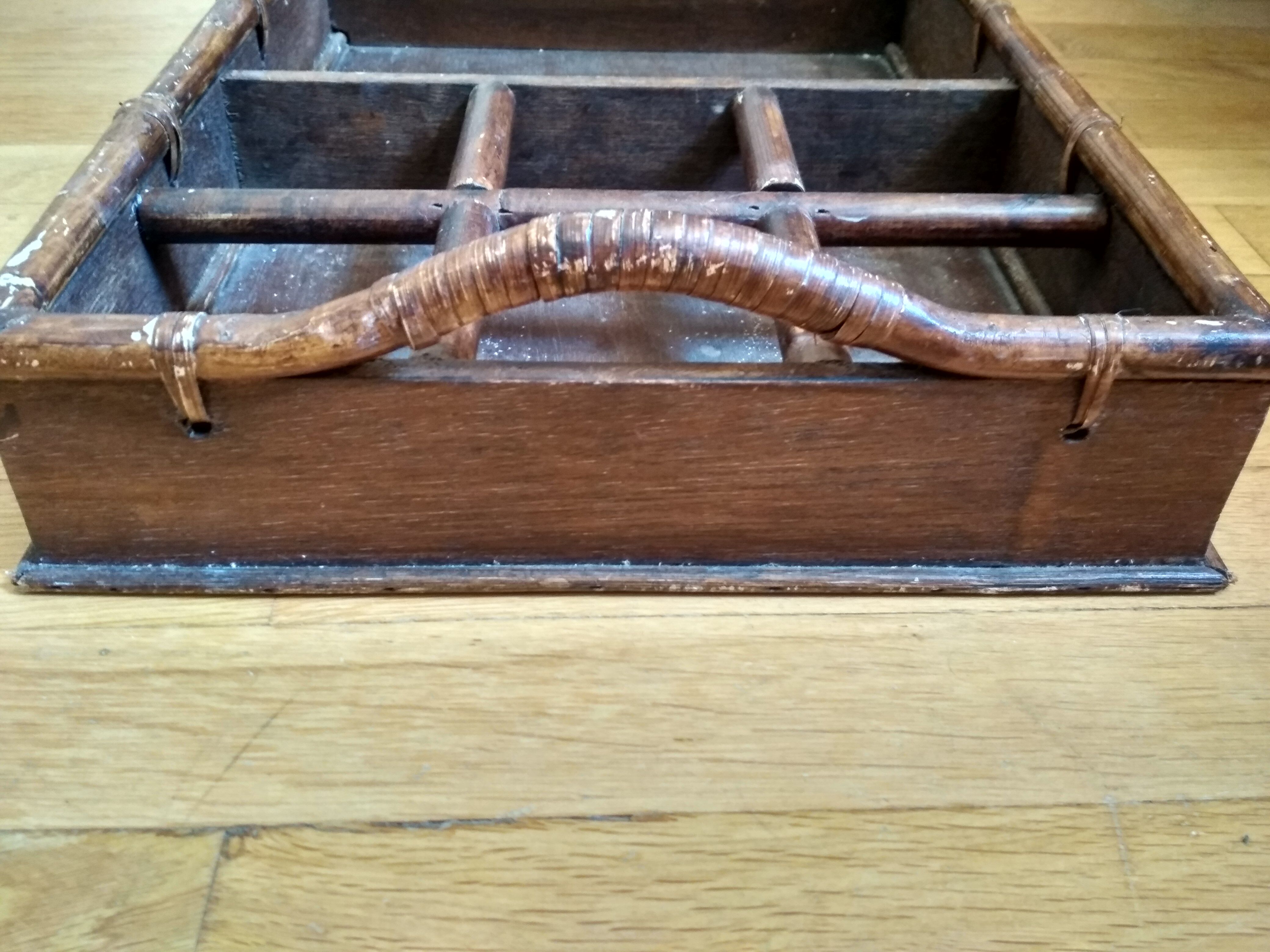 Large serving tray wood and rattan to doors lockers glasses and bottles