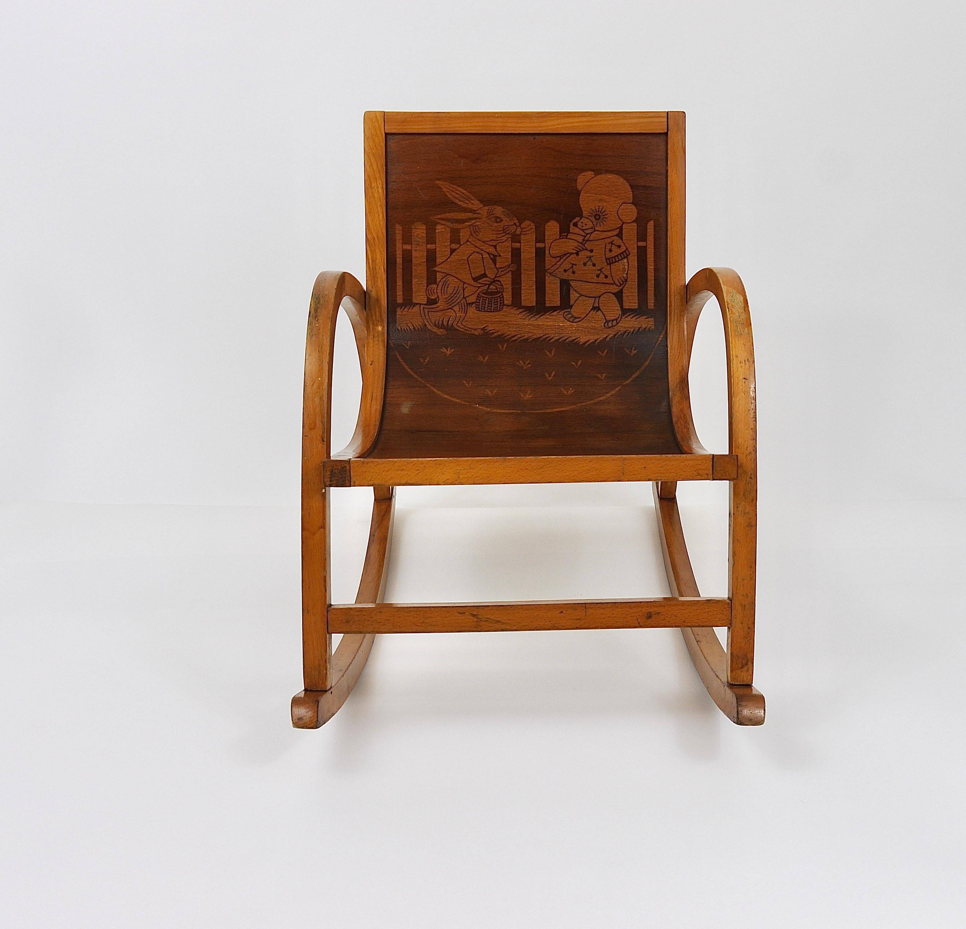 Curved wooden rocking chair for children Bauhaus Brockhage Andrä period, Germany, 1950s