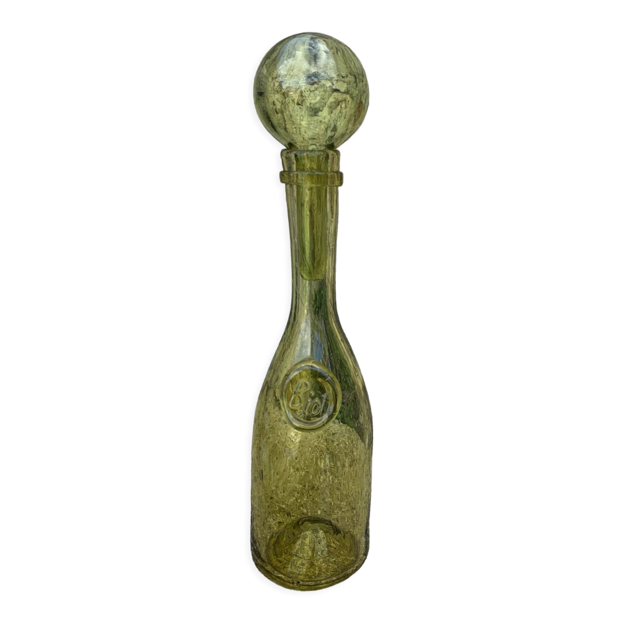 Glassblown glass decanter from the Biot collector glassworks