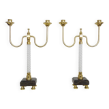 Pair of large candlesticks, Restoration style in brass, black marble, glass. 19th century