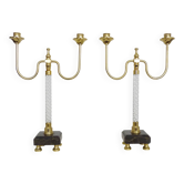 Paire de grands chandeliers, style Restauration en laiton, marbre noir, verre. XIXème