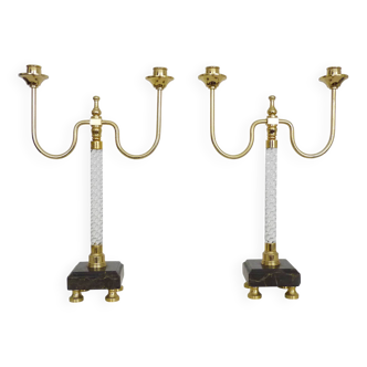 Pair of large candlesticks, Restoration style in brass, black marble, glass. 19th century