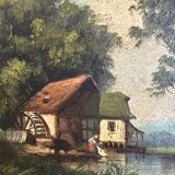 Barbizon School 19th century - Oil on panel - Washerwoman mill landscape - 1870