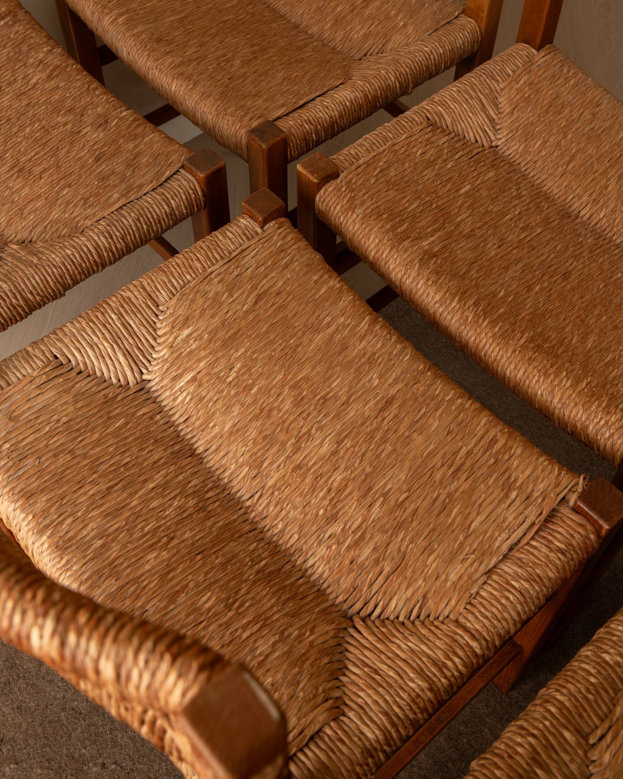 Vintage set of six French mid-century dining chairs in wood and rush, 1960s