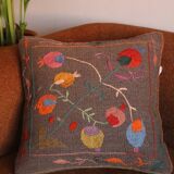 Colorful Suzani cushion in handmade embroidered wool