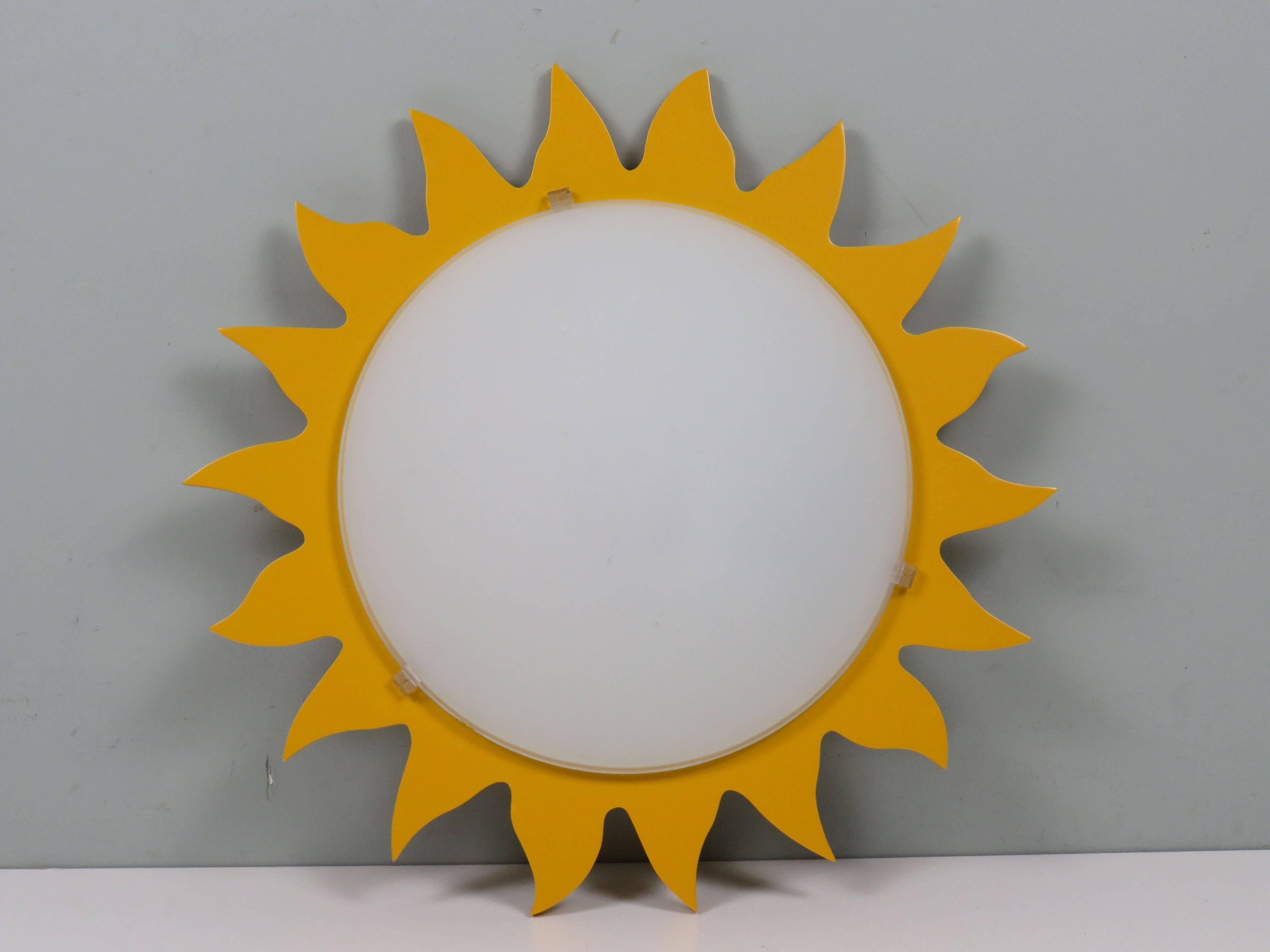 Vintage "sun" ceiling light Massive Belgium in opaline glass and lacquered wood.