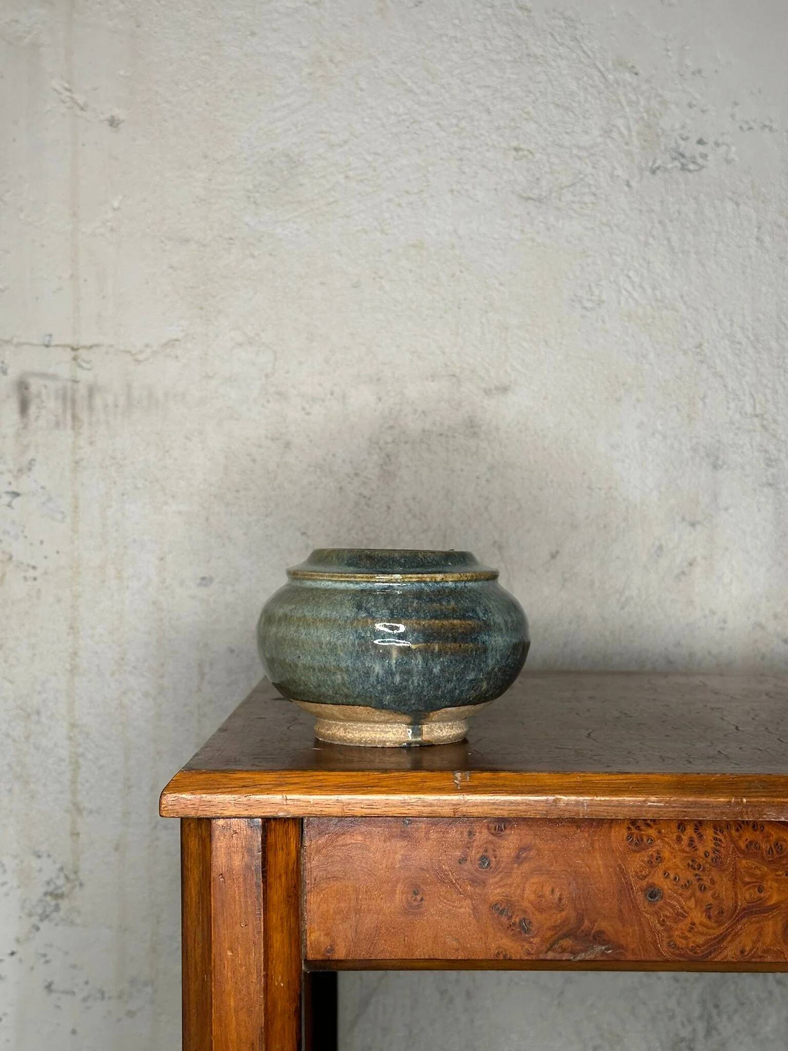 Blue glazed stoneware pot