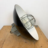 Black enamel and cast iron industrial cage pendant light , 1950s