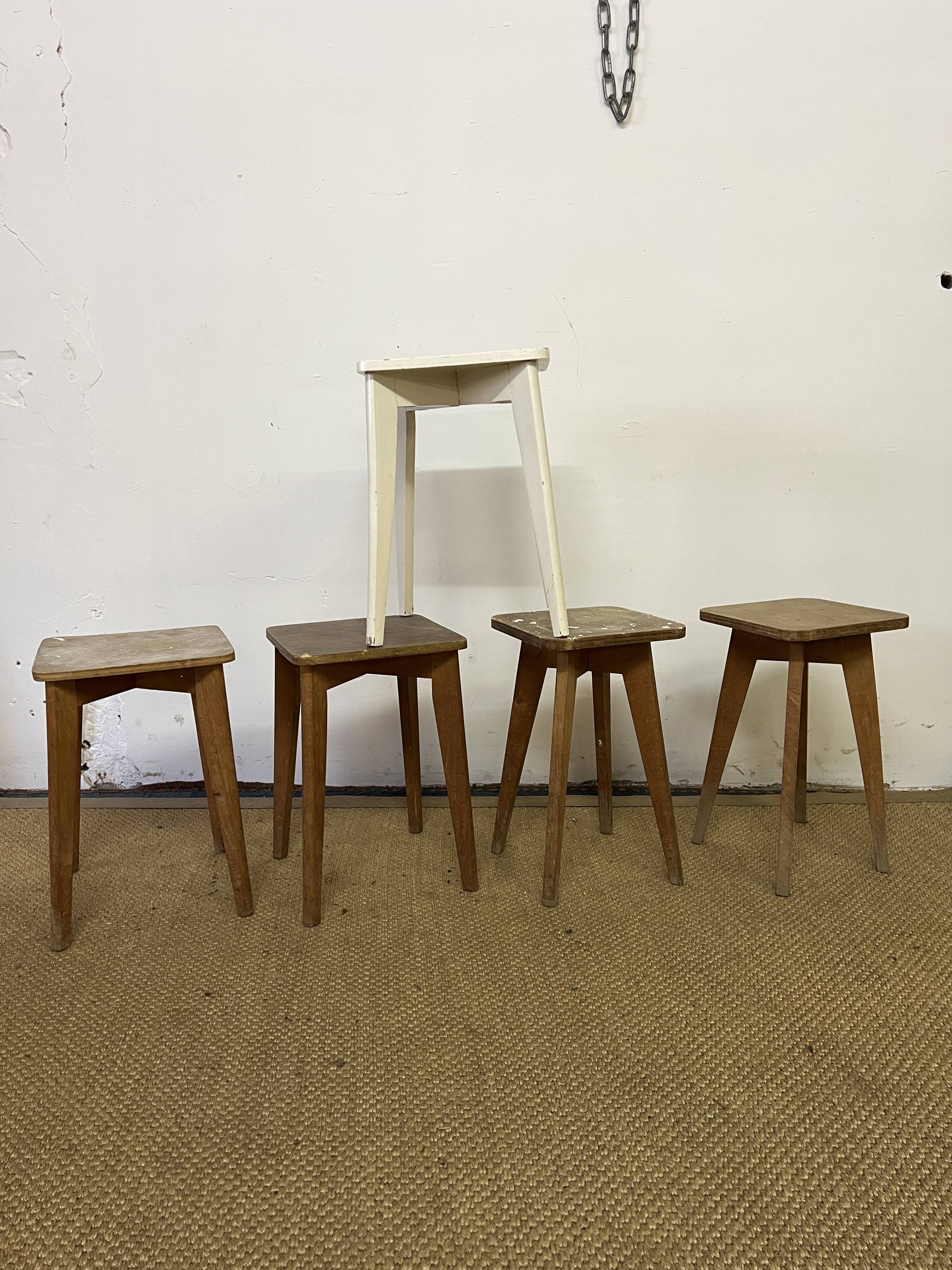 Series of 5 vintage wooden workshop stools