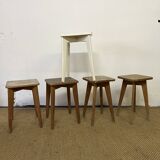 Série de 5 tabourets d'atelier en bois vintage