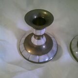 Pair of brass and mother-of-pearl candlesticks