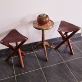 Set of teak and leather tripod stools