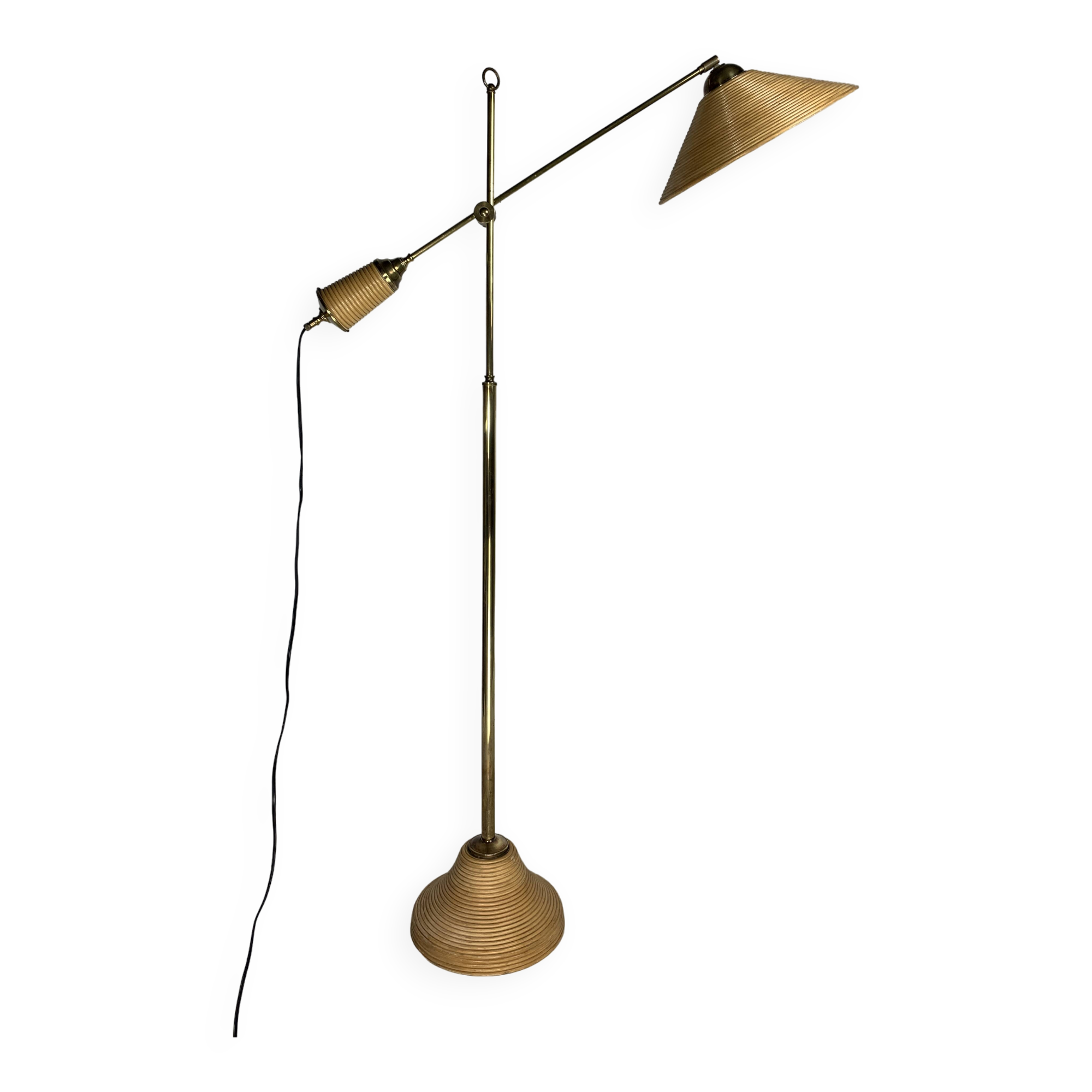 Italian adjustable floor lamp in pencil reed bamboo rattan and brass, 1970s