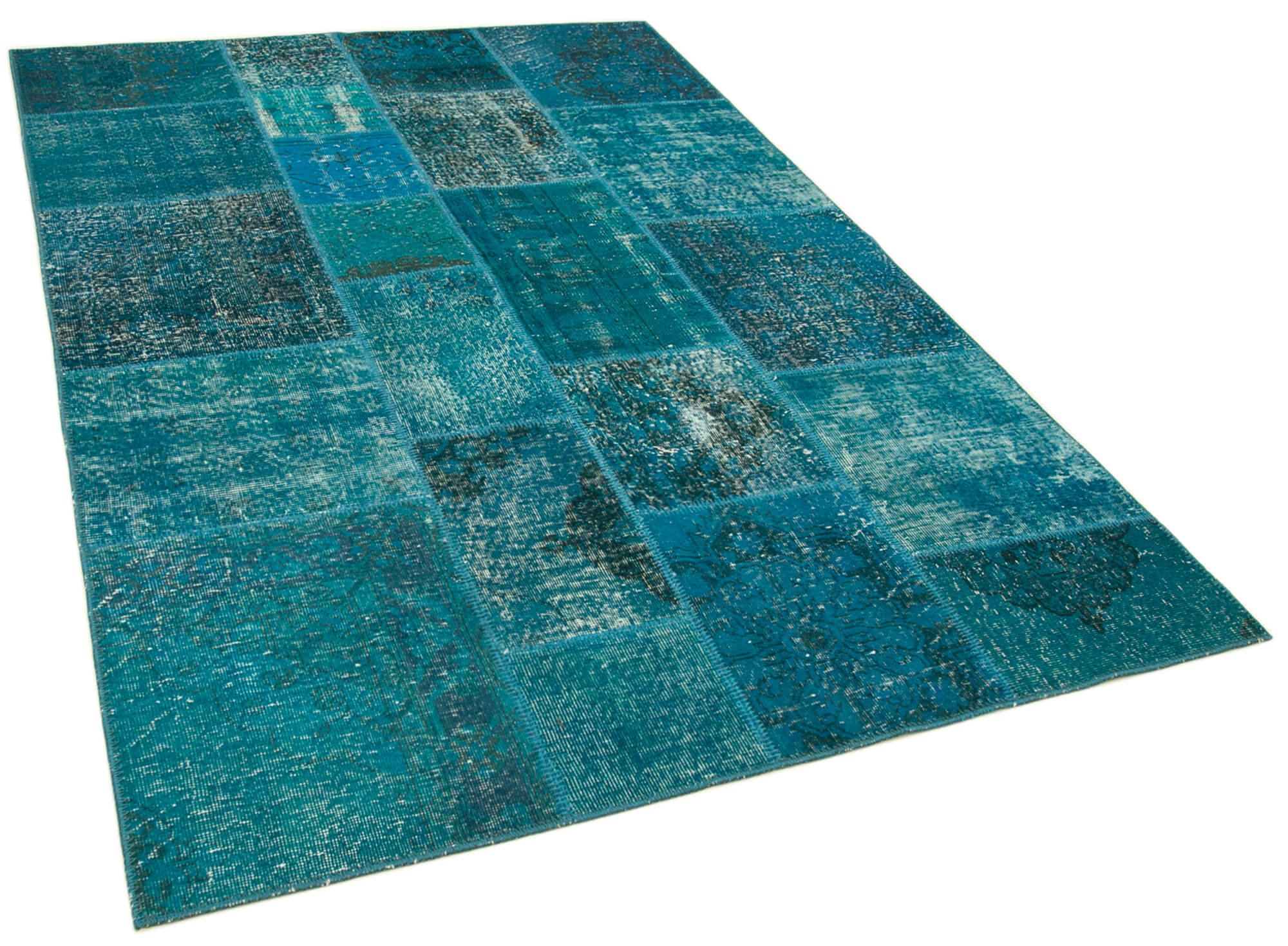 Hand-knotted oriental overdyed 169 cm x 243 cm turquoise patchwork carpet