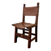 Chaise espagnole en cuir et bois sculpté, années 1950/60