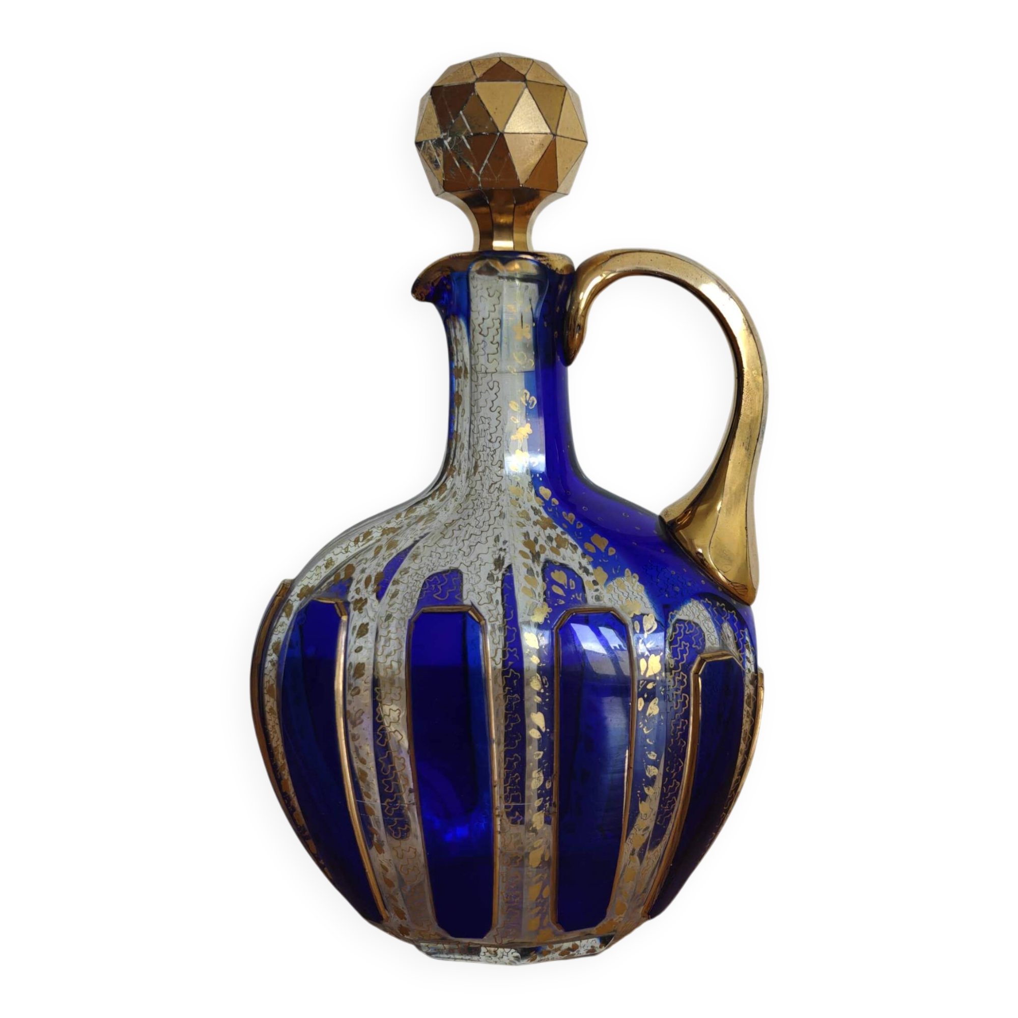 Vintage Moser style carafe / flask, cobalt blue and gold.