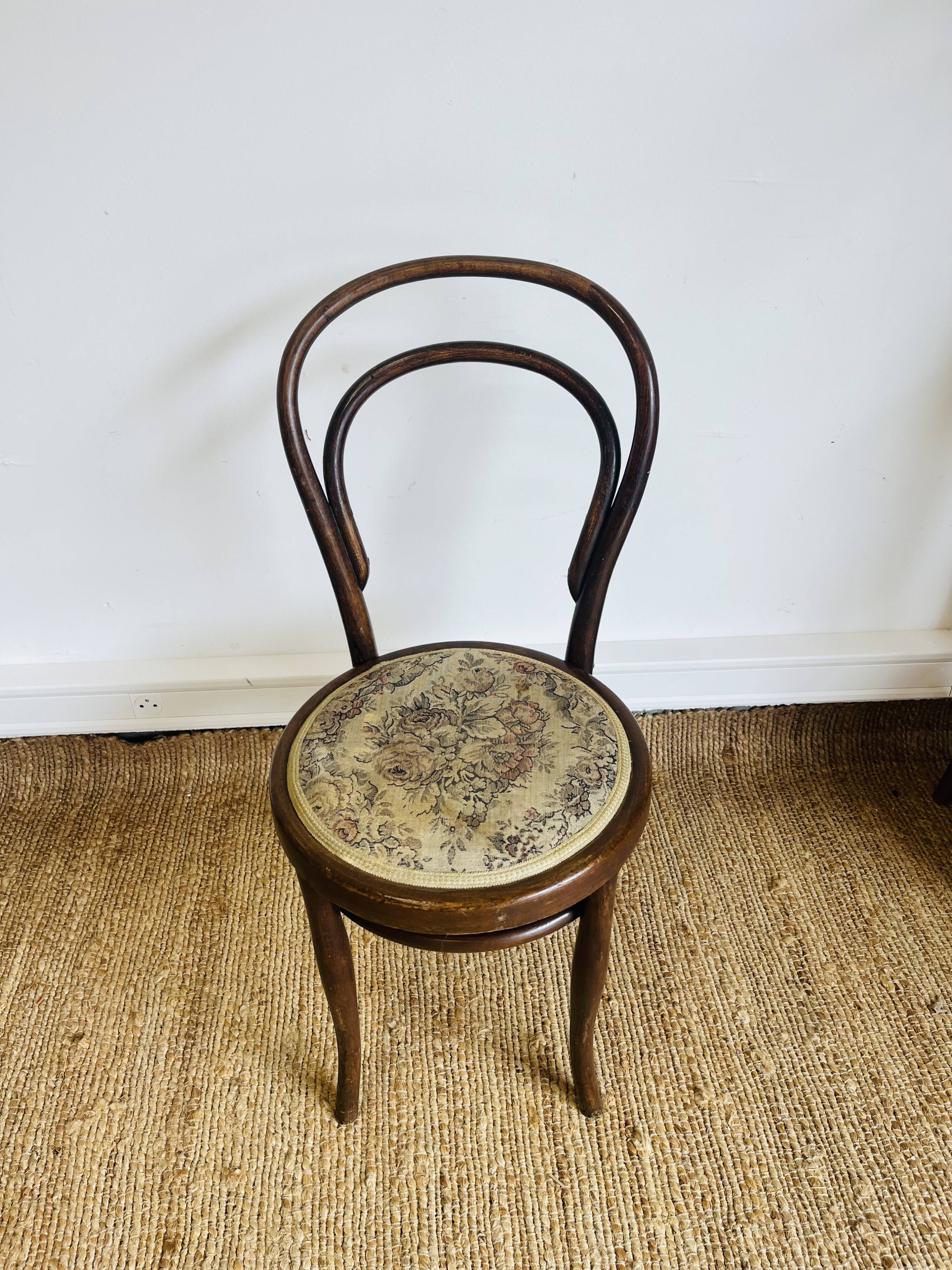 Pair of vintage bistro chairs – bentwood – floral upholstered seat