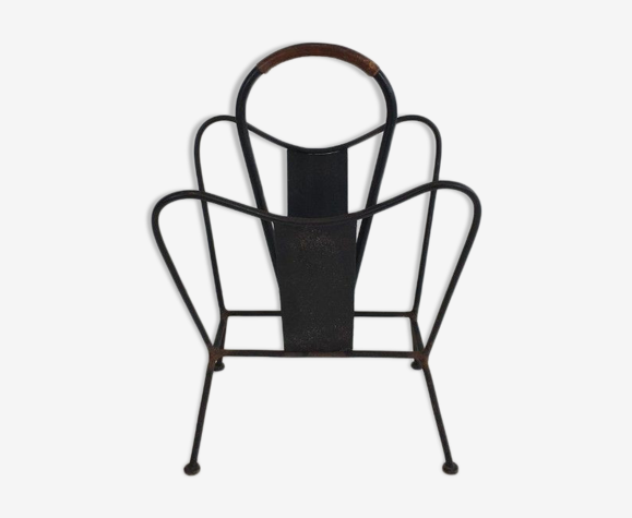 Porte-revues en métal laqué noir et cuir marron