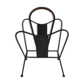 Black lacquered metal magazine rack with brown leather.