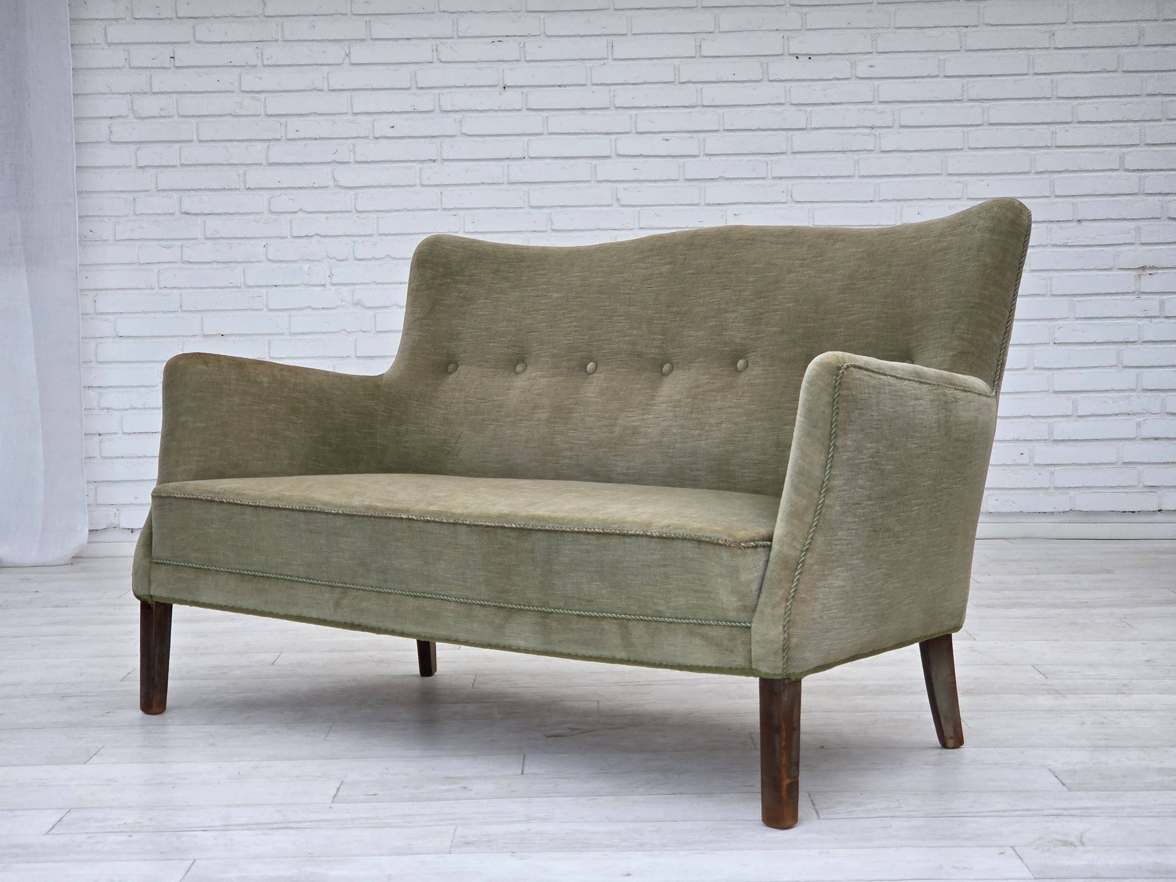 1960s, Danish curved 2-seater sofa, furniture velour, beech wood.