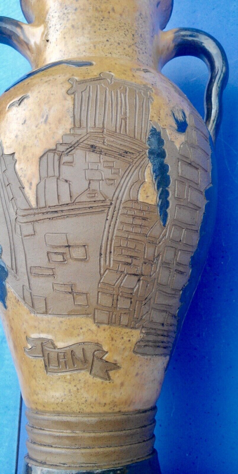 Old breton vase in sandstone decoration breton couple and view of Auray signed