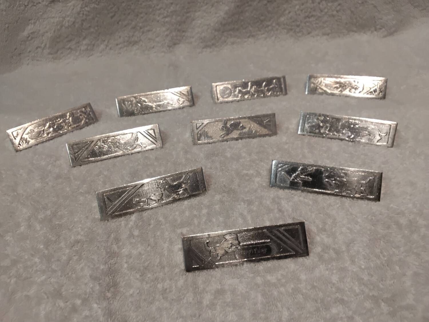 10 silver-plated metal knife and card holders, art deco style, Rabier