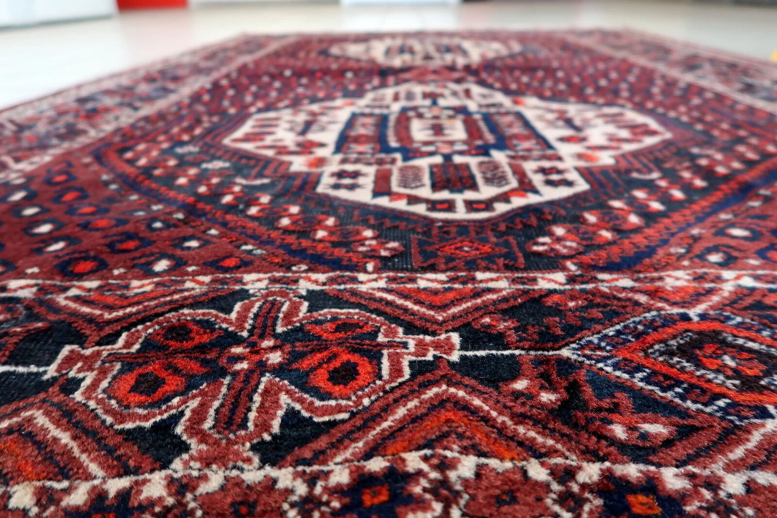 Vintage 1950s Persian Afshar rug, tribal double medallion, red field, 148cm x 211cm