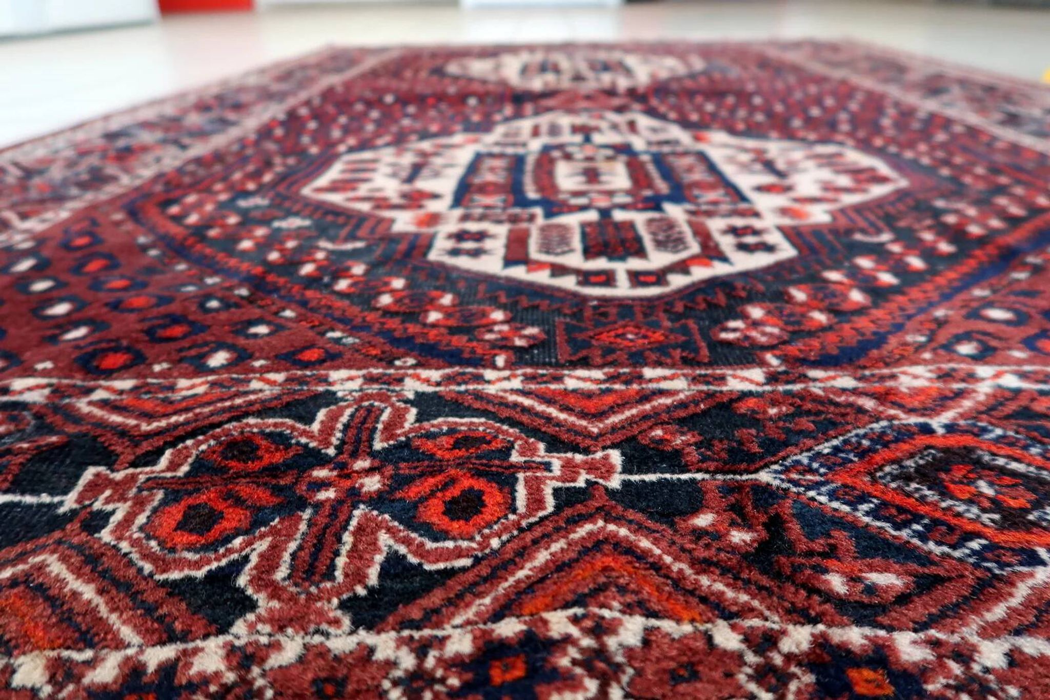 Vintage 1950s Persian Afshar rug, tribal double medallion, red field, 148cm x 211cm