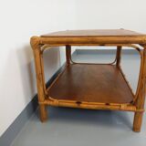 Table basse vintage en rotin et bois