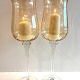 Duo of Tealight Holders Vases Candle Holders on Stand Blown Crystal Glass Amber