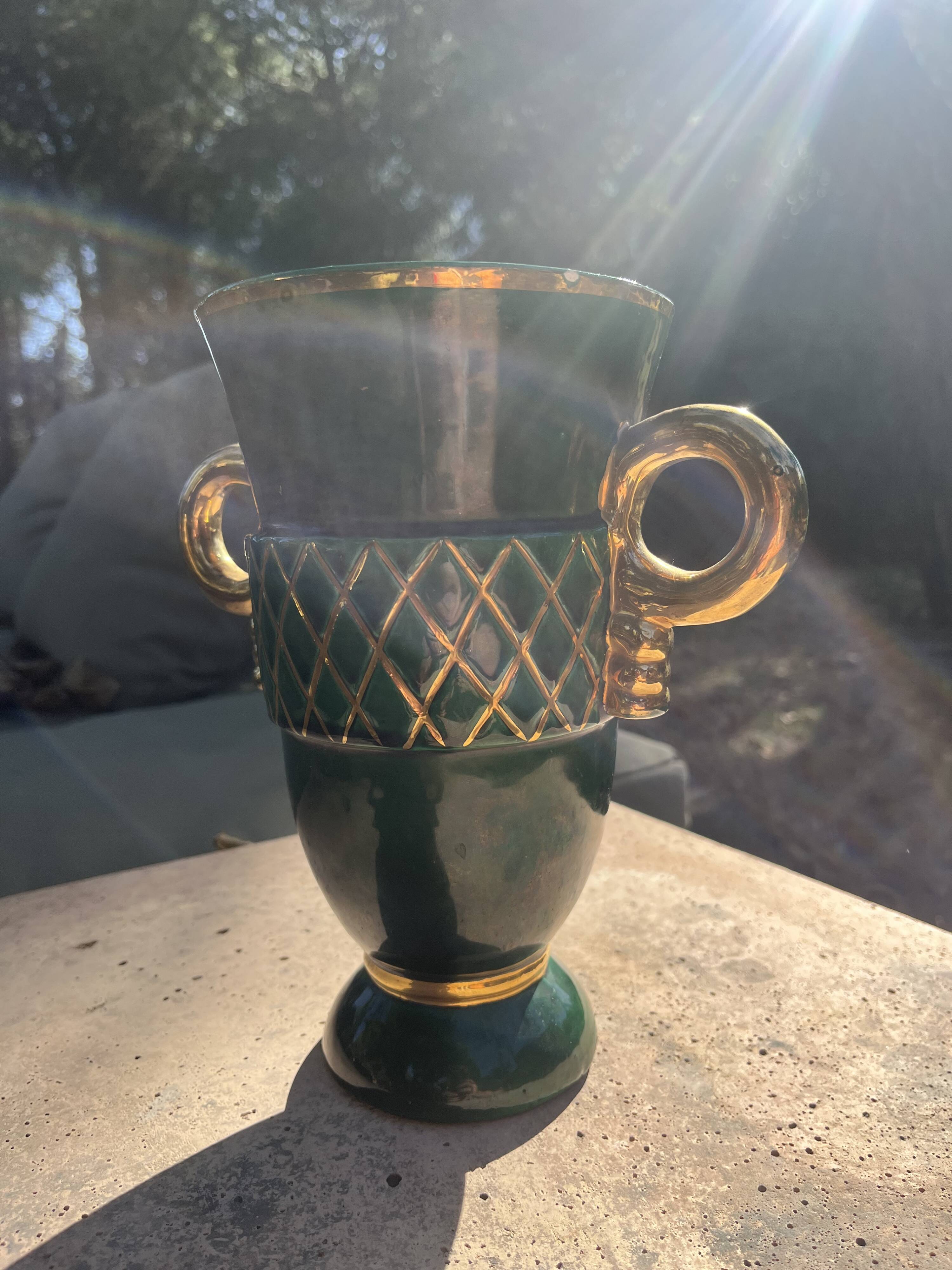 White Letalle vase for Saint Clément - model 4212 in green and gold.