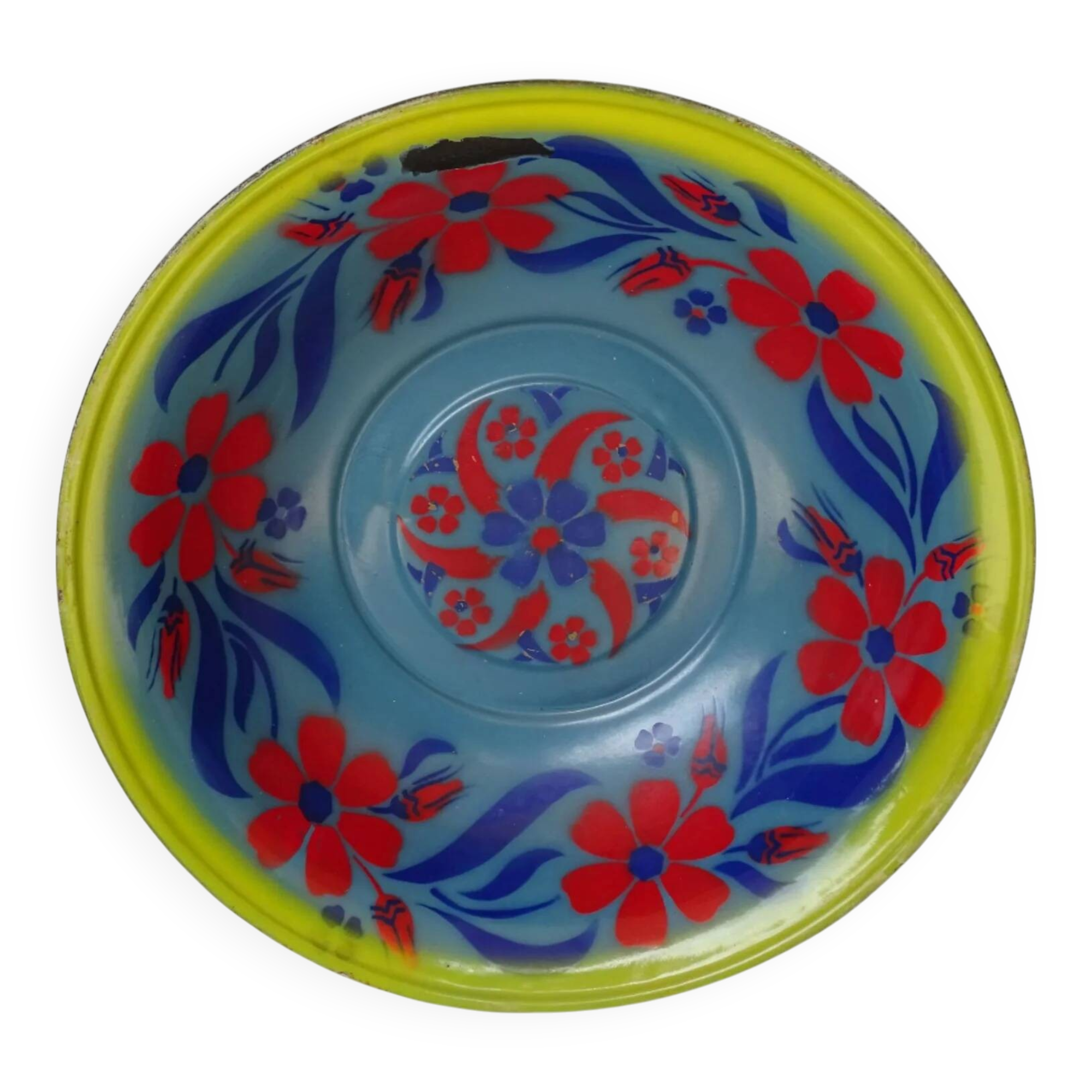 Grand bol vintage français émaillé à fleurs peintes à la main