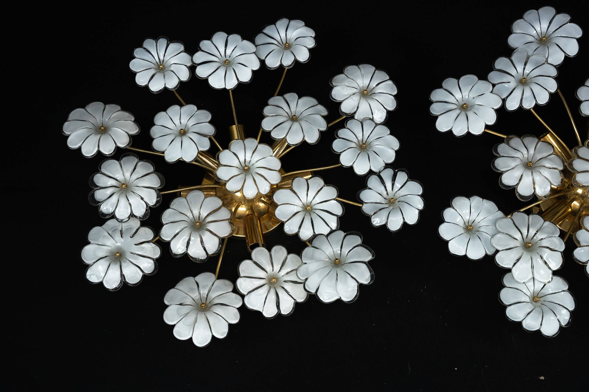 Pair of Murano white flower ceiling lamps. Italy 1980s