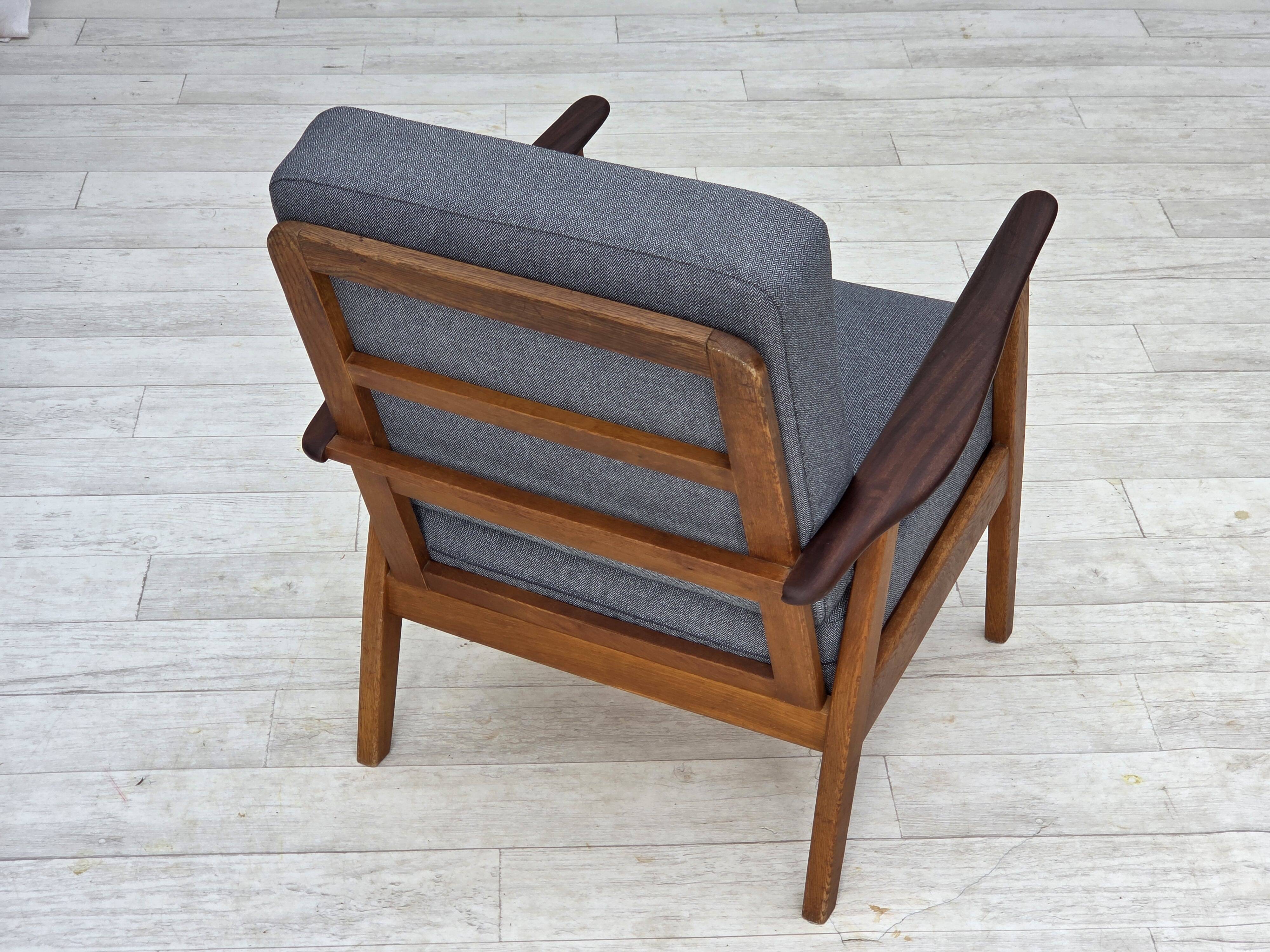 1970s, pair of Danish armchairs, reupholstered, furniture wool, teak, oak.