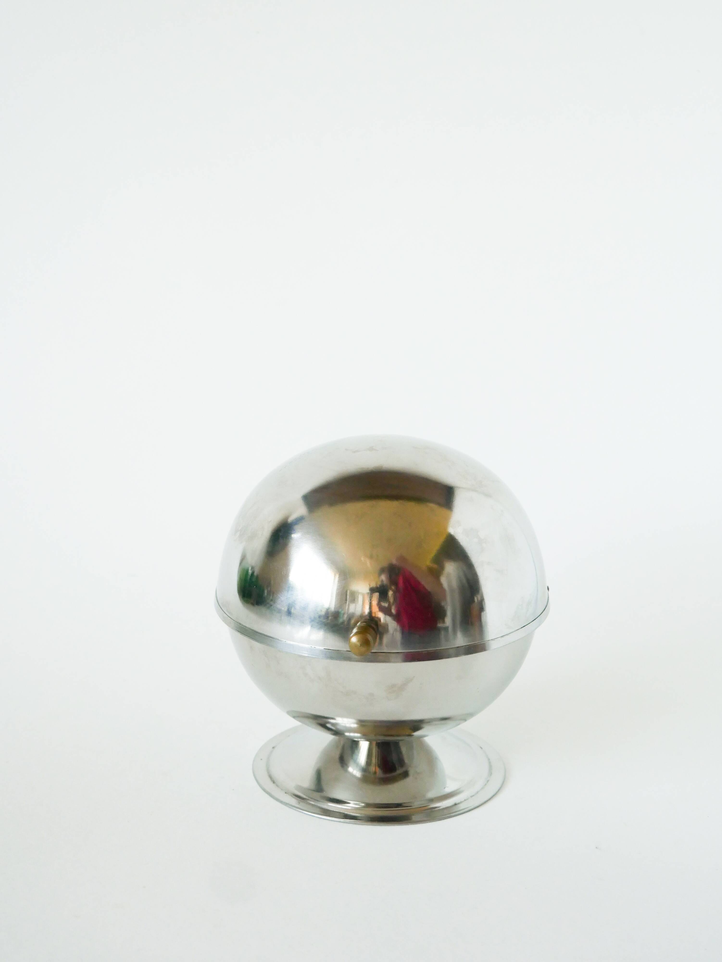 stainless steel sugar bowl, gold knob, 1970
