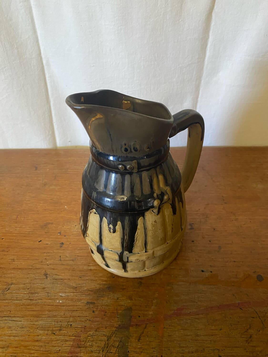 Antique Barrel-Shaped Pitcher, Beige & Blue Glazed Stoneware, 80cl, Service Vi